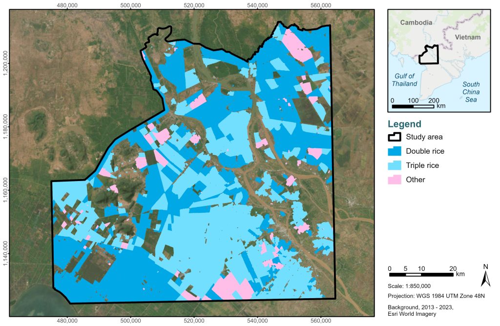 Study area showing double- and triple-rice cropping in in 2022 + ESA + European Space Agency + Hatfield Consultants